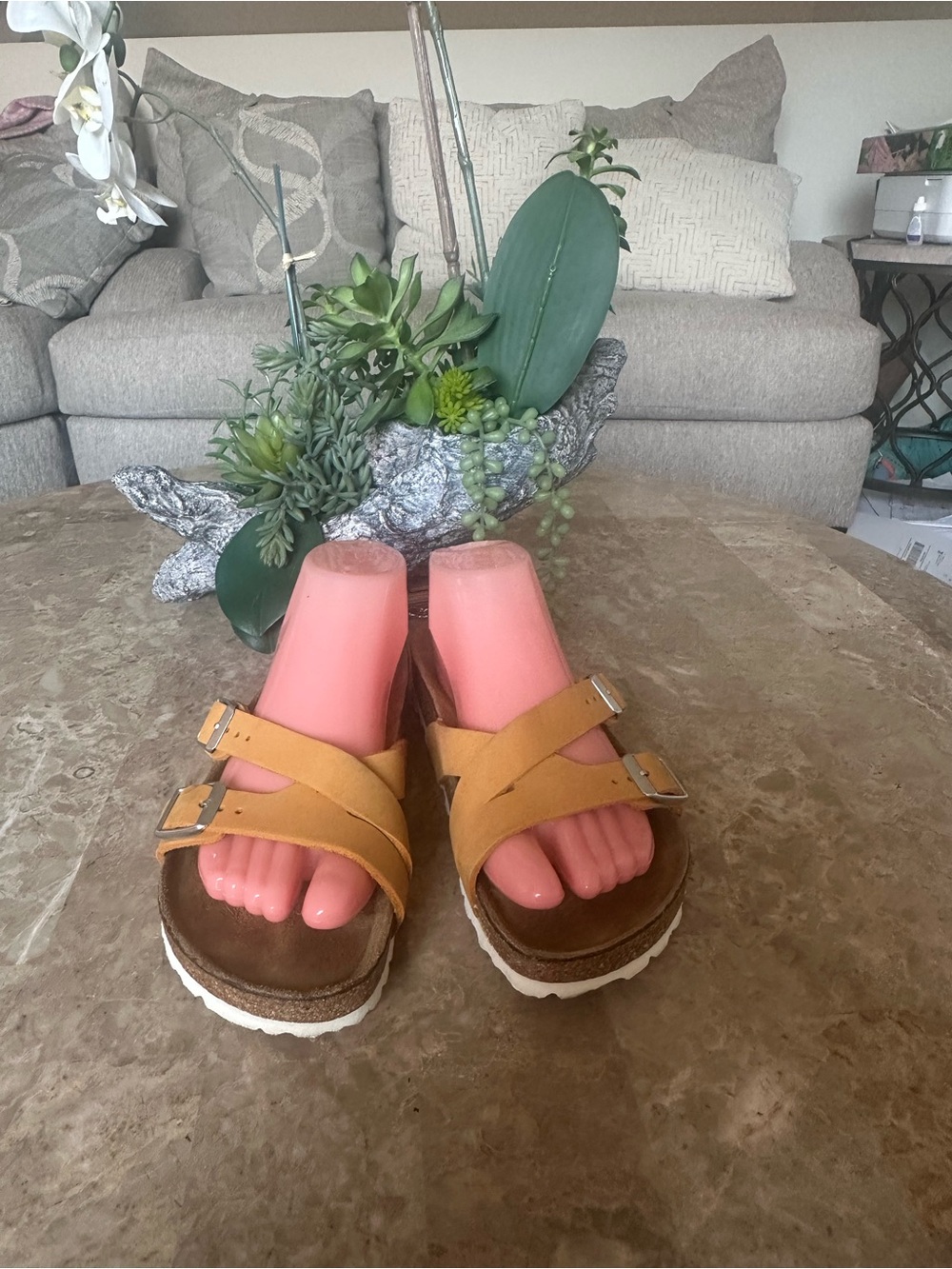 Birkenstock Mustard Yellow Double-Buckle Cork Platform Sandals